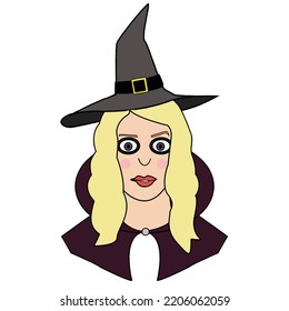 witch witchcraft Halloween blonde woman girl wavy hair sorceress enchantress cartoon hooded cloak pointy hat lips doodle vector art image icon logo design spells hex magic spooky sorcery lady   