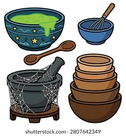 Witch witchcraft kitchen tool set with rune cauldron wooden spoon mortar pestle and stacked bowls