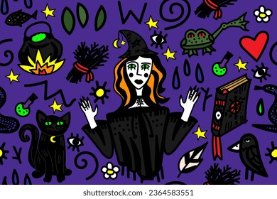 Witch and witchcraft, mystery, magic. Black cat, frog, raven, spell book, potion, pot, herbs, sticks,  signs. Creepy, scary, spooky Halloween. Seamless veor pattern. 
