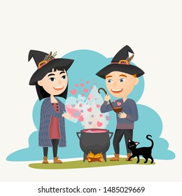 The witch and the witcher brew a love potion in a large cauldron. A wizard in an autumn sweater and a sorceress in a dress and cardigan. Familiar black cat. Children make magic. Vector illustration