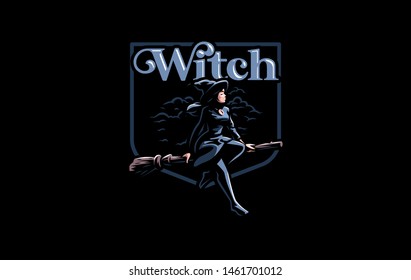 A witch in a witch's hat flies on a broomstick. Vector illustration.