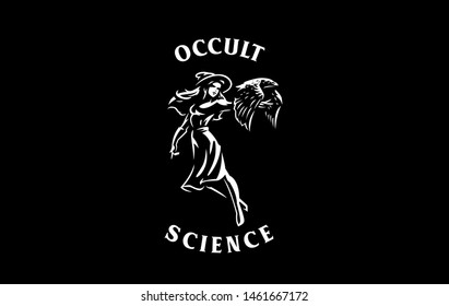 The witch in the witch's hat in the hands of a raven. Vector illustration.