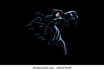 The witch in the witch's hat in the hands of a raven. Vector illustration.
