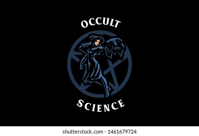 The witch in the witch's hat in the hands of a raven. Vector illustration.