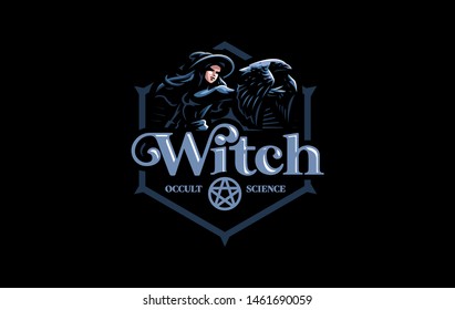 The witch in the witch's hat in the hands of a raven. Vector illustration.