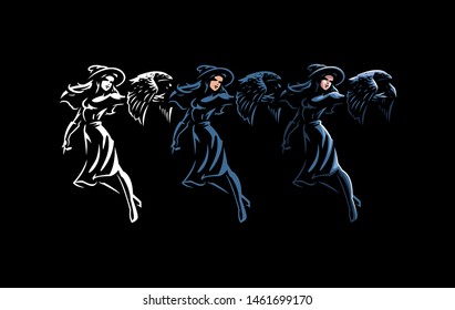 The witch in the witch's hat in the hands of a raven. Vector illustration.