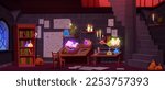 Witch or wizard alchemical laboratory with magic books and potions with mystic glow at night. Alchemist lab interior with wooden furniture and stone spiral staircase, vector cartoon illustration