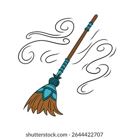Witch and wizard broom halloween magic with air currents and wind. Magical broomstick. Outline art element collection 