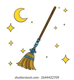 Witch and wizard broom halloween magic with air currents and wind. Magical broomstick. Outline art element collection 