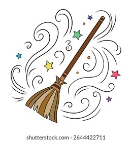 Witch and wizard broom halloween magic with air currents and wind. Magical broomstick. Outline art element collection 