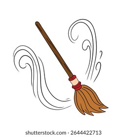 Witch and wizard broom halloween magic with air currents and wind. Magical broomstick. Outline art element collection 