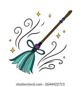 Witch and wizard broom halloween magic with air currents and wind. Magical broomstick. Outline art element collection 