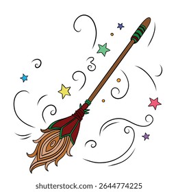 Witch and wizard broom halloween magic with air currents and wind. Magical broomstick. Outline art element collection 