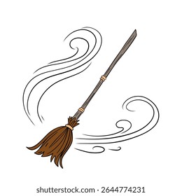 Witch and wizard broom halloween magic with air currents and wind. Magical broomstick. Outline art element collection 