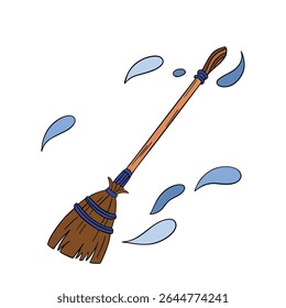 Witch and wizard broom halloween magic with air currents and wind. Magical broomstick. Outline art element collection 