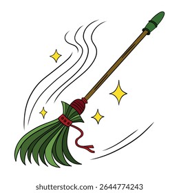 Witch and wizard broom halloween magic with air currents and wind. Magical broomstick. Outline art element collection 