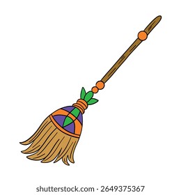 Witch and wizard broom halloween magic with air currents and wind. Magical broomstick. Outline art element collection