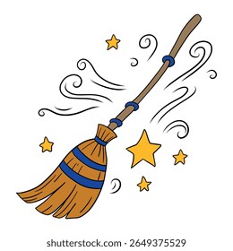 Witch and wizard broom halloween magic with air currents and wind. Magical broomstick. Outline art element collection
