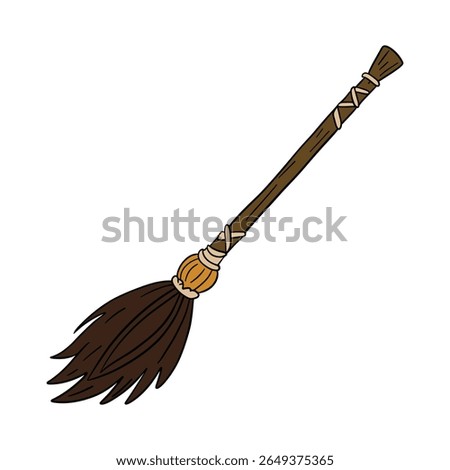 Witch and wizard broom halloween magic with air currents and wind. Magical broomstick. Outline art element collection