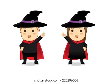 Witch and Wizard cartoon in greeting action