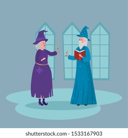 witch with wizard in castle vector illustration design