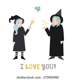Witch and wizard cute couple with heart vector illustration. I love you! greeting card.