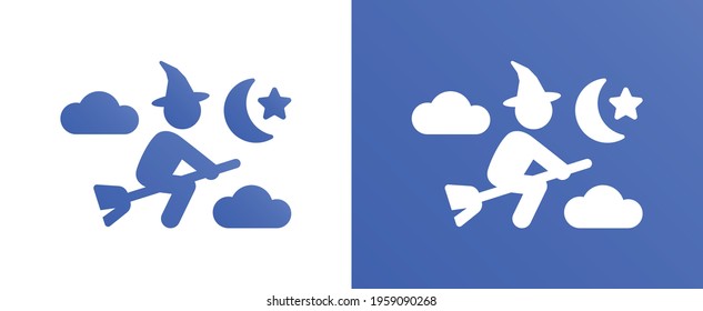 Witch and wizard flying on a broomstick in the moonlight icon vector illustration.