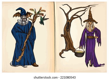 Witch and Wizard - An hand drawn and painting illustrations. Description: Each drawing comprise of two (or three) layers of lines plus colored layer, the background is also isolated.