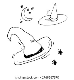 Witch or  wizard  hat in doodle style. Isolated hand-drawn vector illustration of wizard  hat . Halloween's element for festival design, invitation, greeting card, poster. Graphic element.