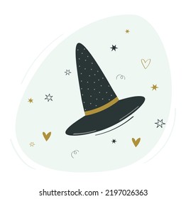 Witch or wizard hat.Dark mystical hat with ribbon. Accessory for Halloween, party, children's party, birthday. Vector flat illustration on holiday background.