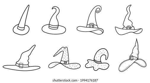 Witch and wizard hats. The sorcerer's hat. Design for Halloween, parties and holidays. Vector illustration in the doodle style