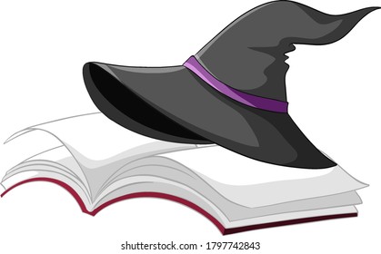 Witch or wizard magic hat on the book isolated on white background illustration