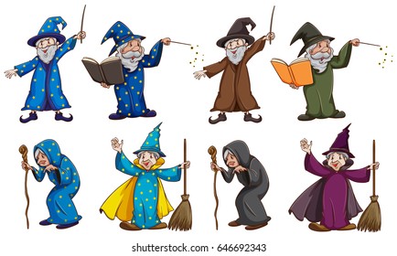 Witch and wizard with magic wand illustration