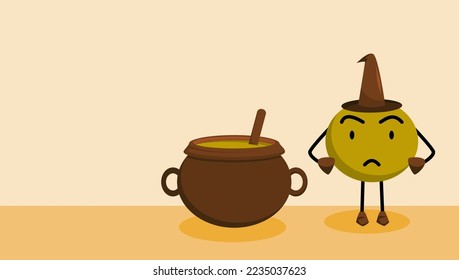 witch or wizard mascot with big potion pot. banner or background template for promotion, announcement, and marketing. scary themed party background.