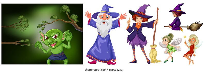 Witch and wizard on white background illustration