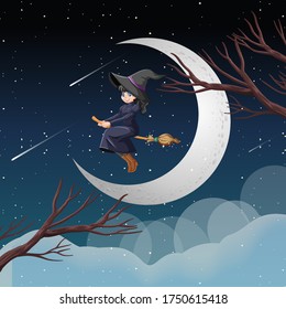 Witch or wizard riding broomstick on the sky isolated on sky background illustration
