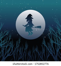 Witch or wizard riding broomstick in silhouetteon the sky isolated on sky background illustration