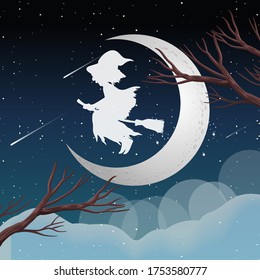 Witch or wizard riding broomstick in silhouetteon the sky isolated on sky background illustration