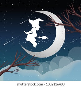 Witch or wizard riding broomstick in silhouetteon the sky isolated on sky background illustration