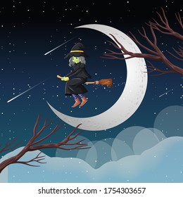 Witch or wizard riding broomstick the sky isolated on sky background illustration