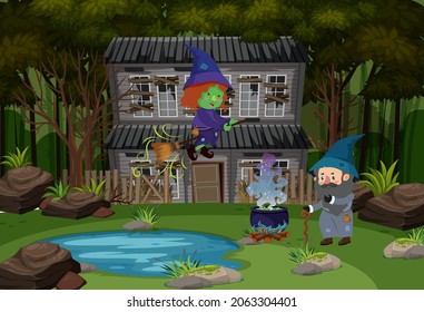 Witch and wizard in the wood illustration
