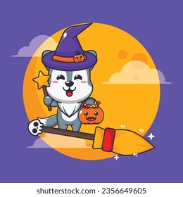 Witch wolf fly with broom in halloween night. Cute halloween cartoon illustration.