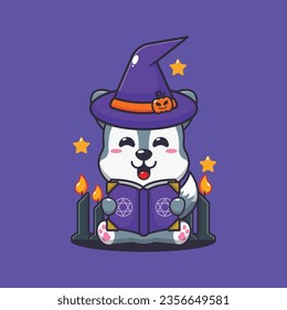 Witch wolf reading spell book. Cute halloween cartoon illustration. 