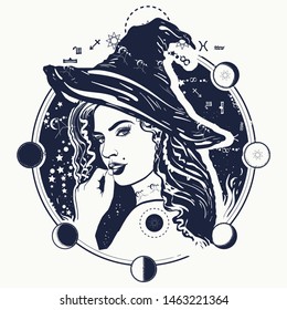Witch woman in a black hat portrait tattoo. Female sorcerer and lunar alchemical eclipse. Dark magic, fairy tale and halloween t-shirt design 
