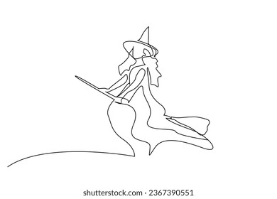 witch woman flying broom halloween concept line art