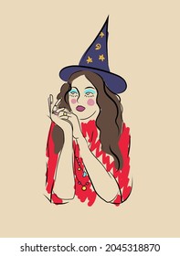 Witch, woman, girl in abstract minimalism style with yellow, red colorful elements. Creative design for social media, postcards, posters.