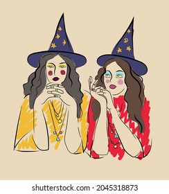 Witch, woman, girl in abstract minimalism style with yellow, red colorful elements. Creative design for social media, postcards, posters.
