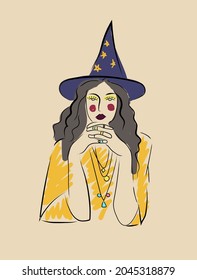 Witch, woman, girl in abstract minimalism style with yellow, red colorful elements. Creative design for social media, postcards, posters.