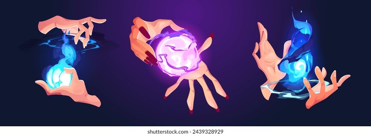 Witch woman hand set and mystic light power design. Esoteric magic spell cartoon element. Spiritual witchcraft energy and alchemy. 2d blue fire and ice fantasy ball. Creepy female magician shaman