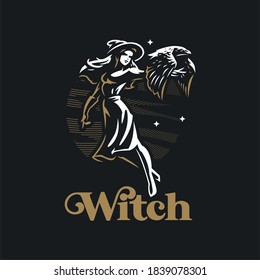 A witch woman in a hat, flies under the stars at night. In the hands of a black raven. Stylized vector illustration.